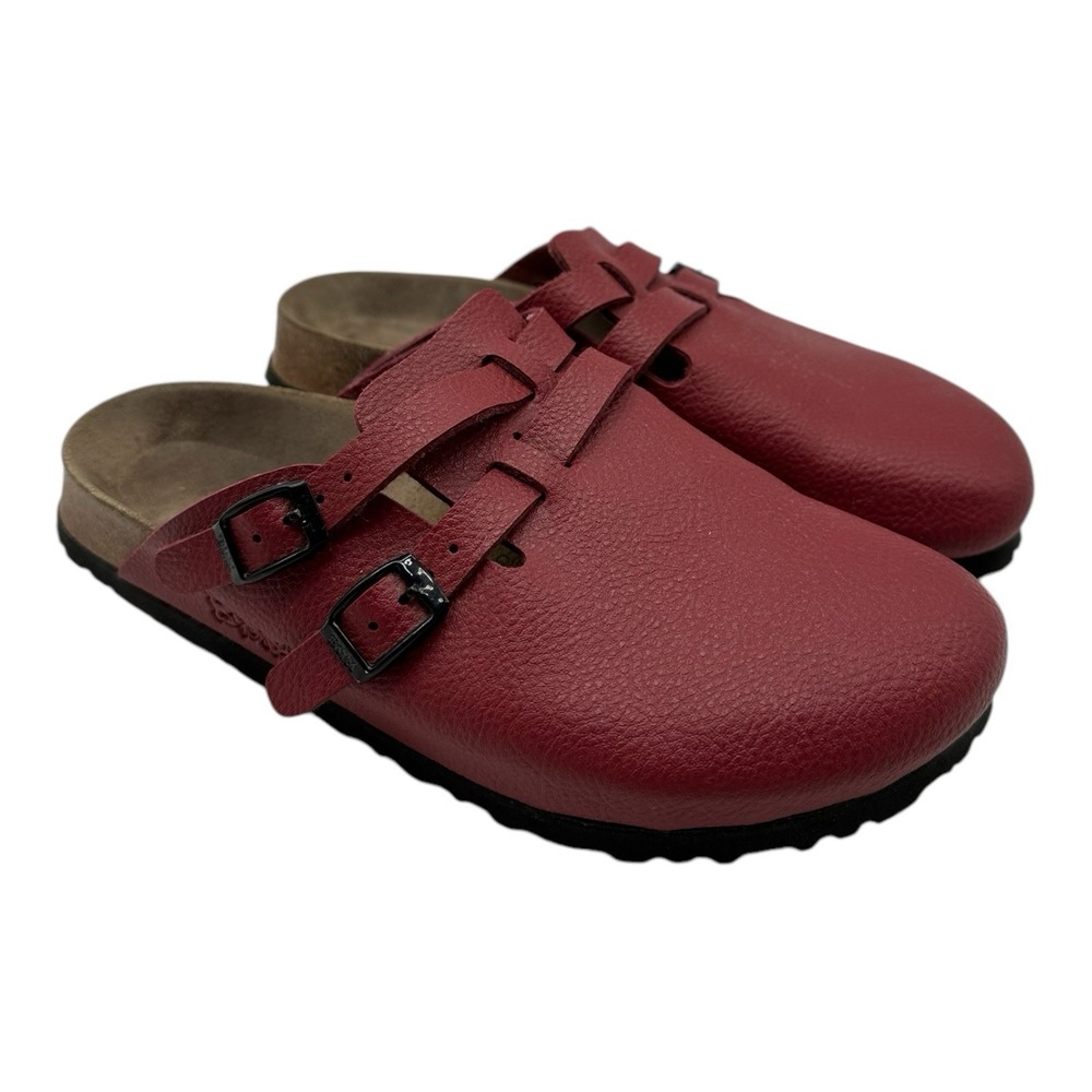 Red Pebbled Leather Birkenstock Slip On Shoes With Double Buckle Strap
